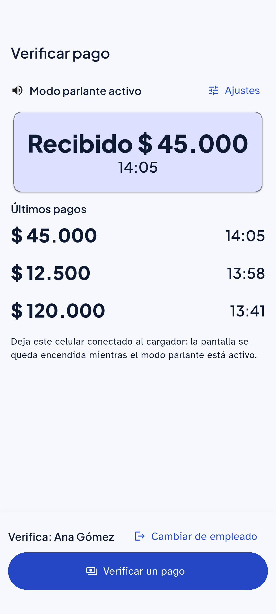 Modo parlante activo en la app de Cheki: «Recibido $ 45.000, 14:05» en grande y la lista de últimos pagos con su hora.