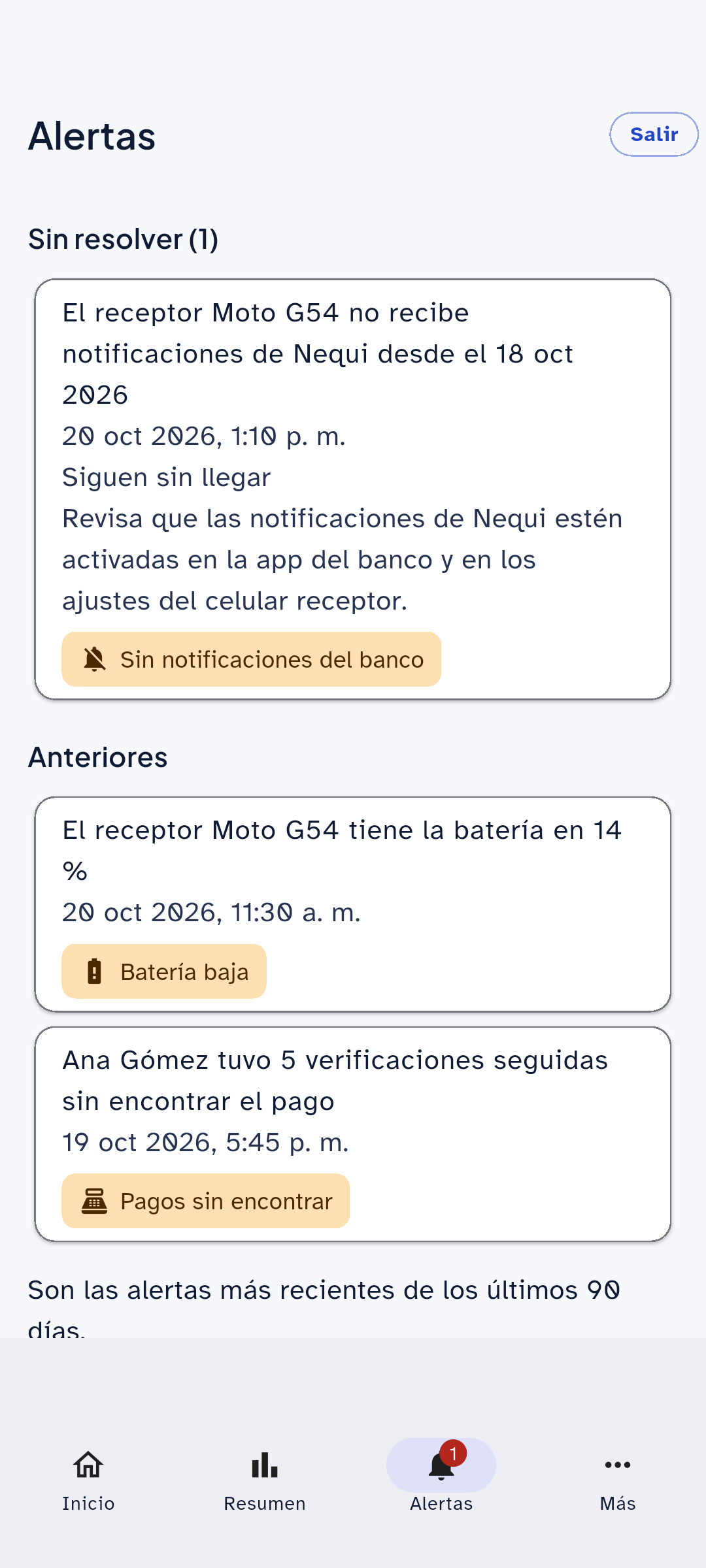 Alertas del dueño en la app de Cheki: el receptor no recibe notificaciones de Nequi, batería baja del receptor y una cajera con cinco verificaciones seguidas sin encontrar el pago.